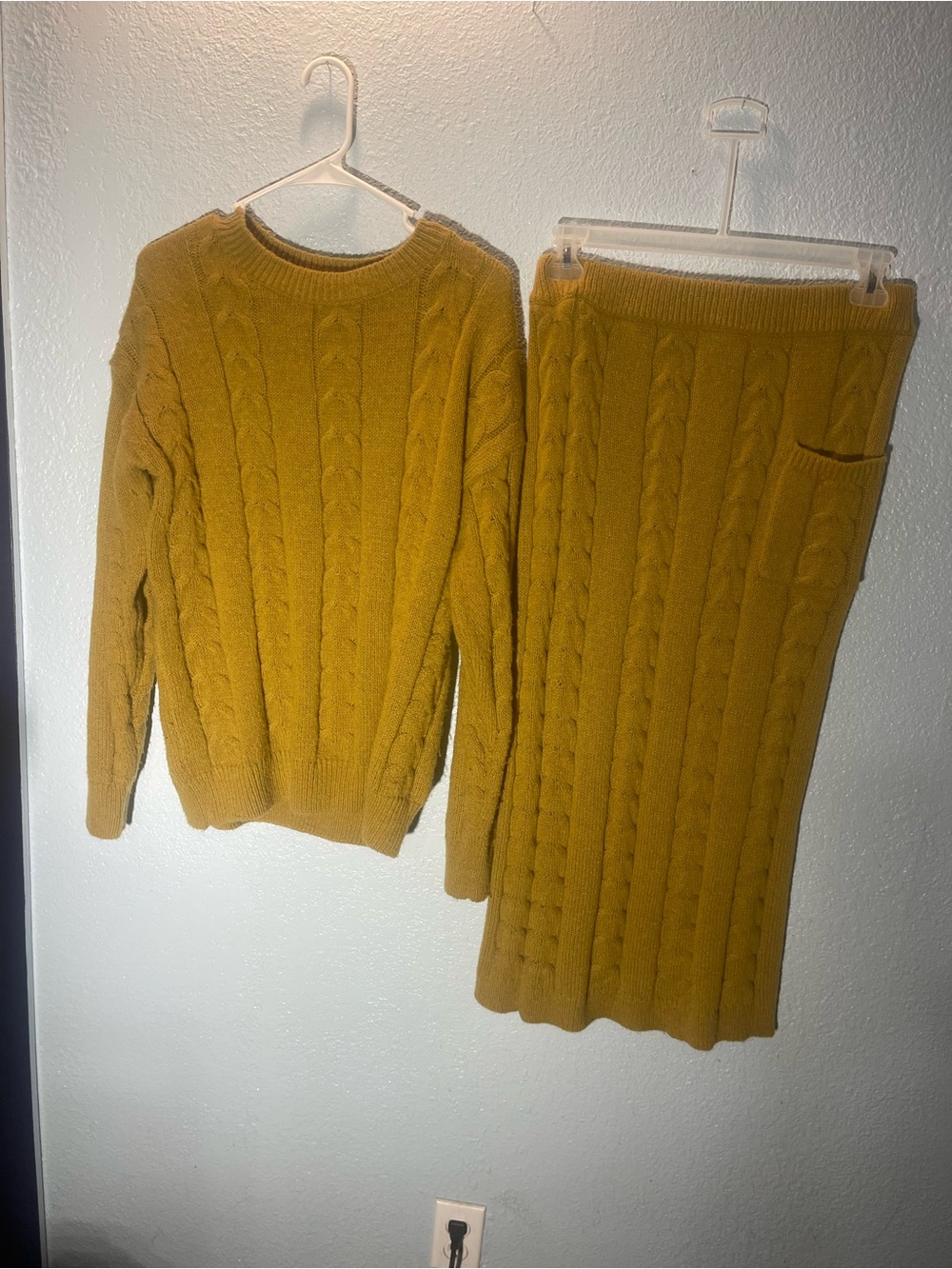 Source Unknown Mustard Cable Knit Sweater and Skirt Set
